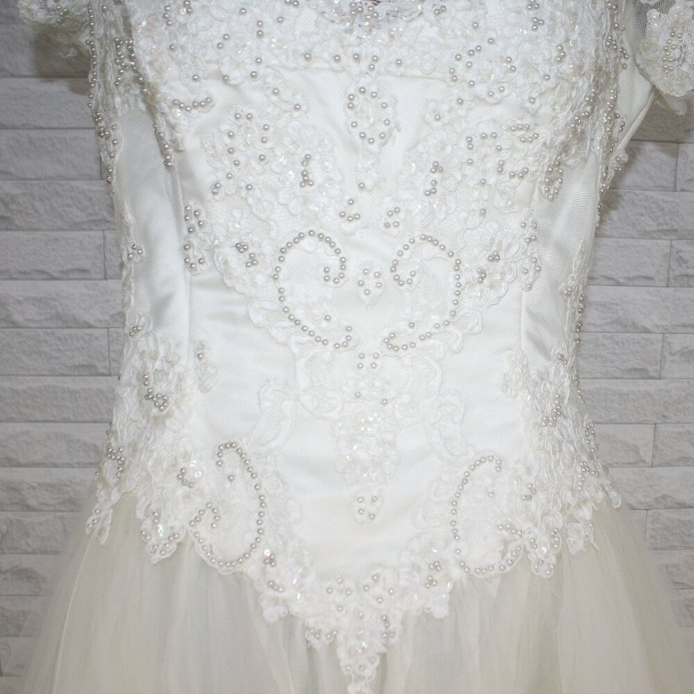 VINTAGE DAVID'S BRIDAL Gown Bridal Wedding Beaded Baach Tulle Princess White 6 - Picture 5 of 16